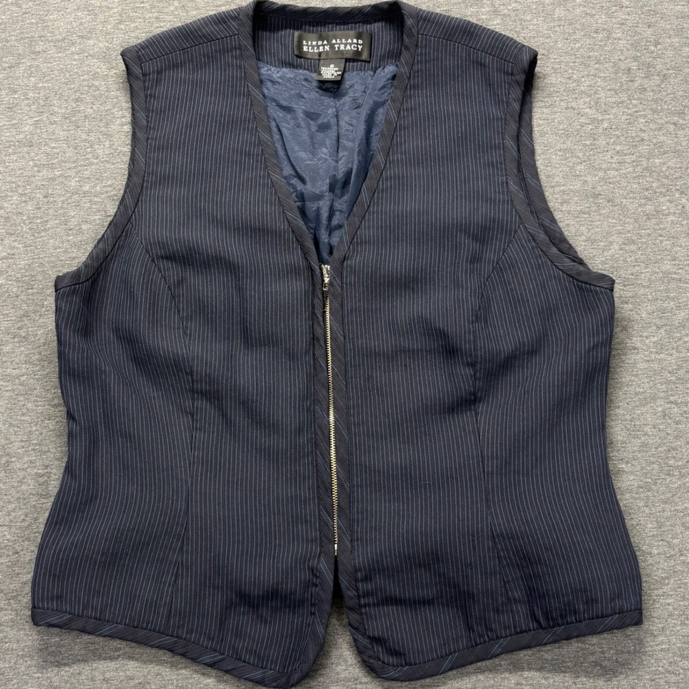 Linda Allard Ellen Tracy Vest Womens 8 Navy Pinstripe Quilted Lined Zip Front
